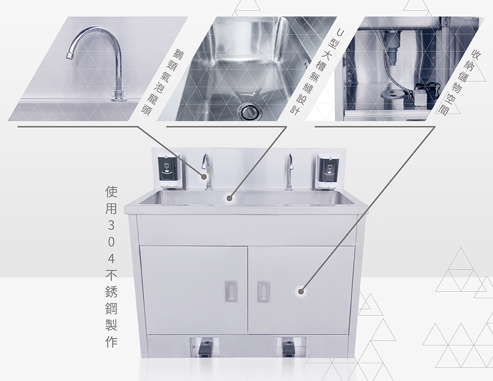 商品特色-不鏽鋼單口水槽櫥櫃式洗手台，適用於醫院、手術室、開刀房、醫美中心、無塵室、生產線、實驗室等場所-廣昇不鏽鋼設計